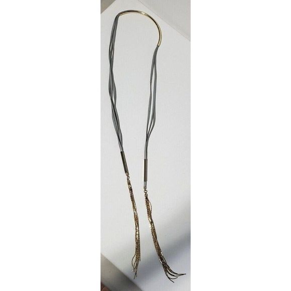 Open Collar Fringe Necklace Cord with Gold Tone Chain Tubes - Picture 11 of 11